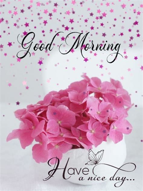 Pink Flowers Are In A White Vase With The Words Good Morning Have A