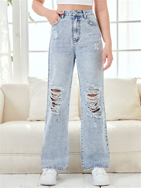 SHEIN Teen Girls Ripped Straight Leg Jeans SHEIN USA