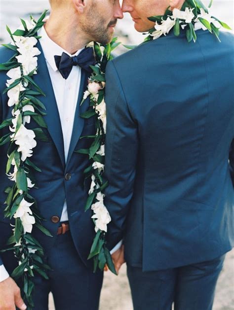 Navy Blue Suits White Shirts Bow Ties And Floral Garlands For Both Grooms Digital Wedding