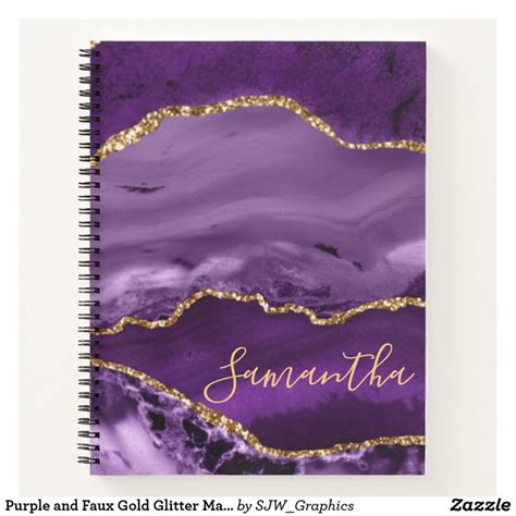 Purple And Faux Gold Glitter Marble Agate Notebook Purple Pages Gold