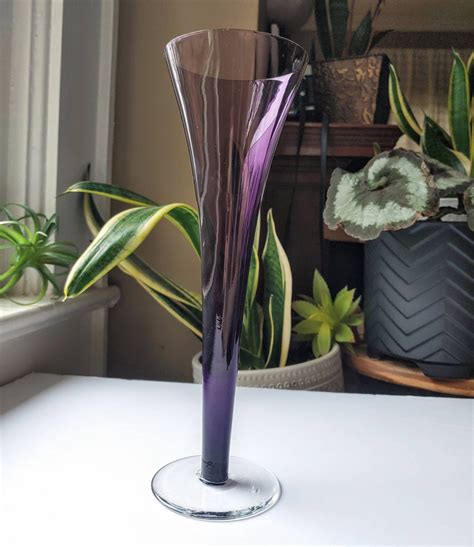 Tall Thin Purple Gradient Vase With Clear Base Vintage Floral Etsy