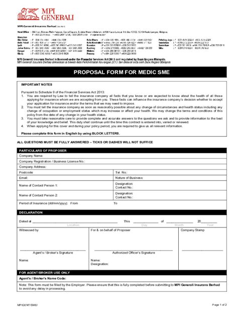 Fillable Online Mpi Generali Proposal Form For Medic Sme Fax Email