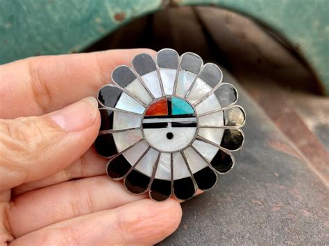 Vintage Zuni Blossoming Sunface Brooch Pin Black Onyx Mother Of Pearl