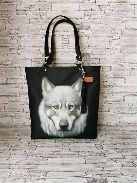 Torebka Damska Shopper Bag Zamykana Na Rami Wilk Handmade Polski