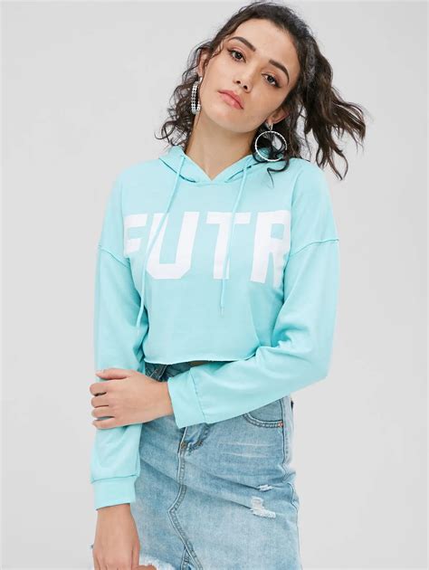 ZAFUL Cropped Hoodies Drawstring Kawaii Women Letters Print Long Sleeve ...