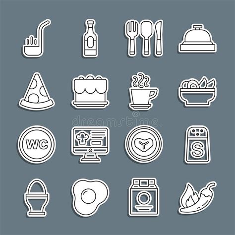 Set Line Hot Chili Pepper Pod Salt Nachos In Plate Fork Spoon And Knife Cake Slice Of