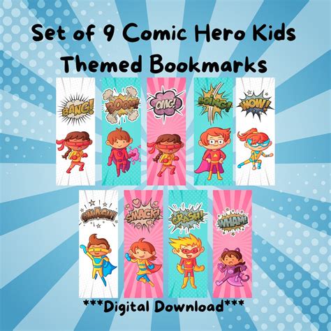 Set of 9 Comic Kids Bookmarks, Super Hero Themed Bookmarks, Digital ...