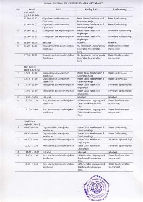 Jadwal Matrikulasi Program Studi S Ilmu Kesehatan Masyarakat Tahun