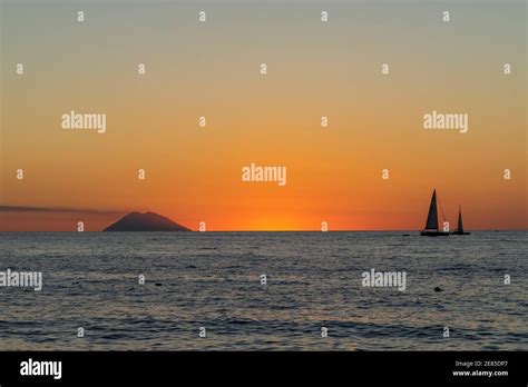 Beautiful Sunset Over Tyrrhenian Sea And Stromboli Island With A