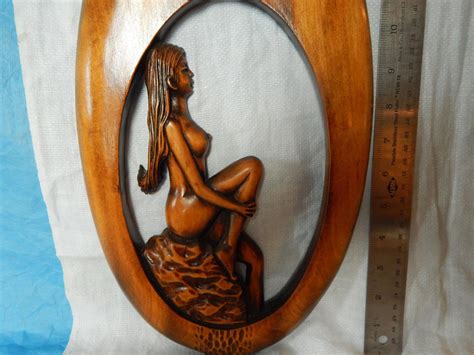 Carved Oval Naked Nude Woman Wood Wall Hanging Plaque