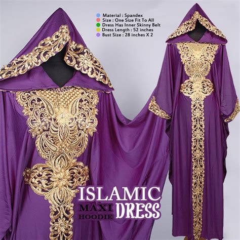 Moroccan Hoodie Caftan Purple Spandex Abaya Maxi Dress Gold Embroidery