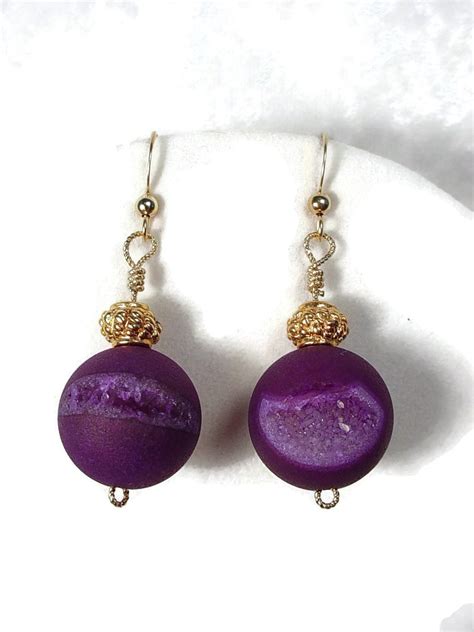 Purple Agate Druzy Or Drusy Earrings With 14k Gf Beads And Findings Etsy