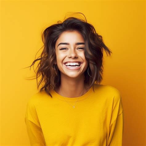 Uma Mulher Uma Camisa Amarela Que Diz Ela Est Sorrindo Foto