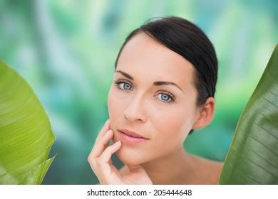 Beautiful Nude Brunette Posing Green Leaves Stock Photo