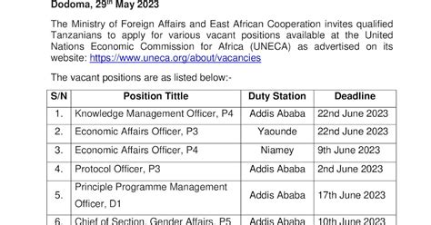 MFA Tanzania: VACANCY ANNOUNCEMENT AT UNECA https://www.uneca.org/about ...