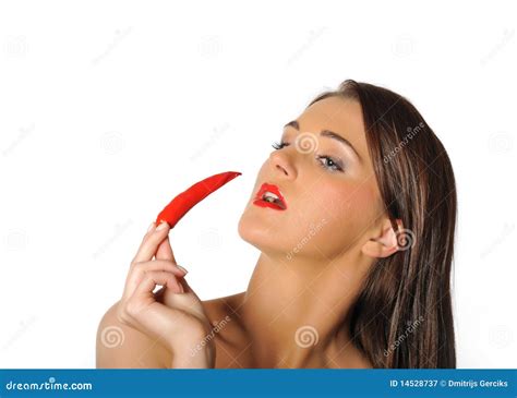 Beautiful Woman With Red Hot Chilli Pepper Stock Image Image Of Bite Bright
