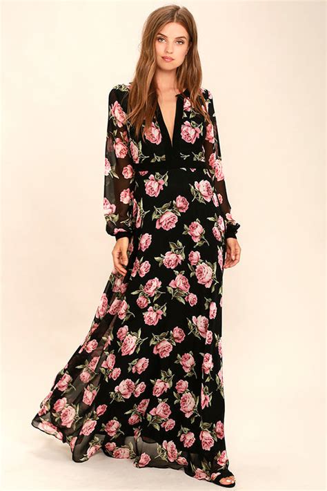 Lovely Black Floral Print Dress Maxi Dress Long Sleeve Dress 96 00 Lulus