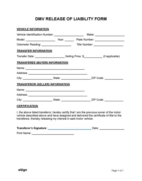 Free Dmv Release Of Liability Form Pdf Word