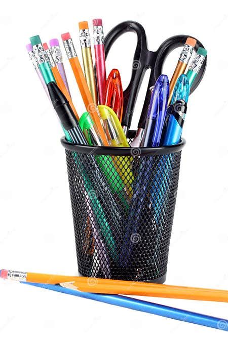 Full Pencil Cup With Scissors Pencils And Pens Stock Photo Image Of