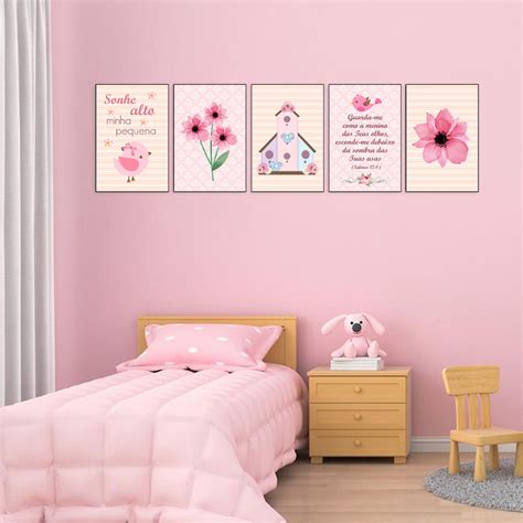 Quadros Decorativos Flor e Passarinho Menina Kit 5 Peças 20x30cm