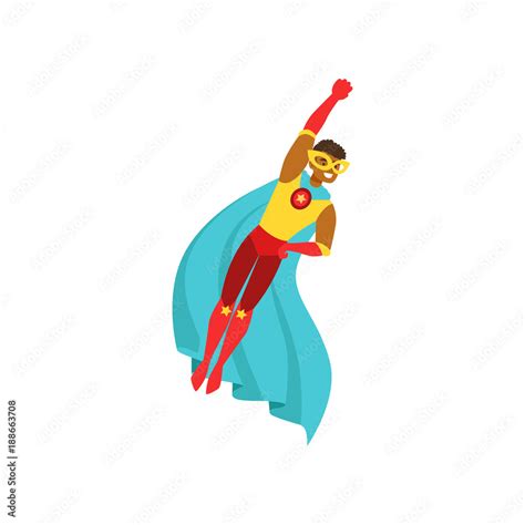 Afro American Man Character Dressed As A Super Hero Flying In The