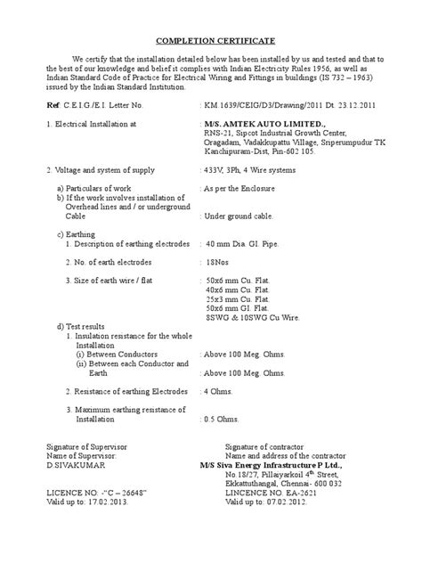 Completion Certificate Electrical Wiring Electrical Resistance And