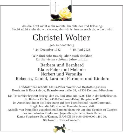 Traueranzeigen Von Christel Wolter Sich Erinnern De