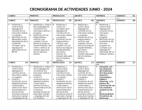 Cronograma De Actividades Junio Cronograma De Actividades Junio