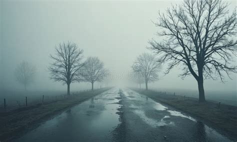 A Road With Trees On Either Side Is Wet From Rain And The Fog Is Thick