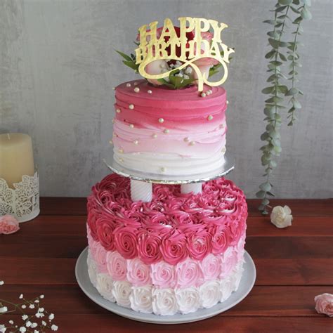 Two Tier Pink Shaded Swirls Cake With Fresh Flowers Eggless Ovenfresh