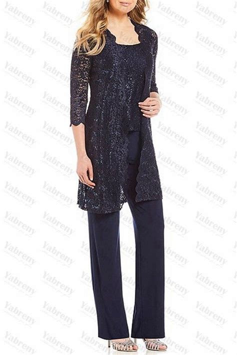 Dark Navy 3 Piece Sequin Glitter Lace Mother Of The Bride Pants Suits