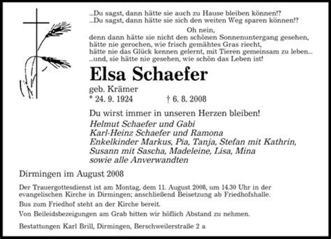 Traueranzeigen Von Elsa Schaefer Saarbruecker Zeitung Trauer De