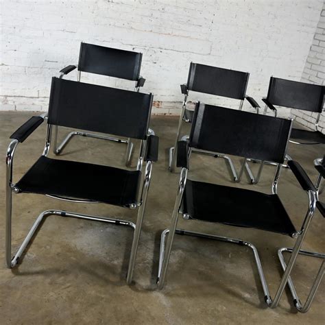 8 Bauhaus Black Leather And Chrome Cantilever Italian Chairs Attributed