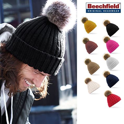 Beechfield Unisex Faux Fur Pom Pom Chunky Beanie Hat Knitted Bobble