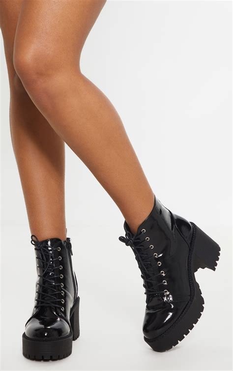 Black Patent Lace Up Chunky Cleated Ankle Boot Prettylittlething Il