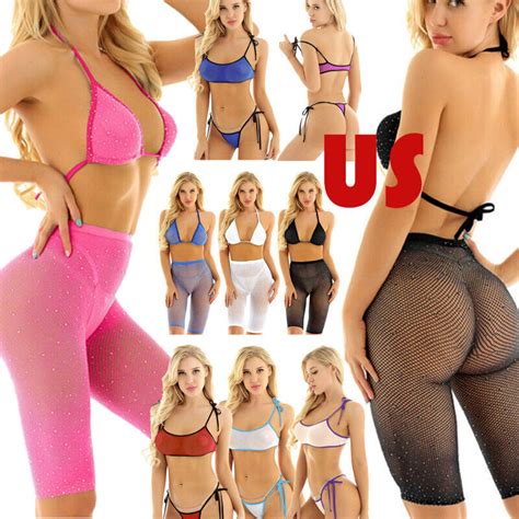 Women S Micro Bikini Set Shiny Metallic Bra Top Mini G String Thong