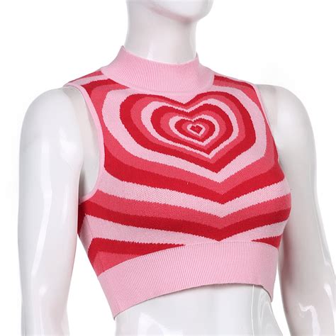 Pink Kawaii Heart Print Summer Y2k Knit Turtleneck Vests For Women 2021