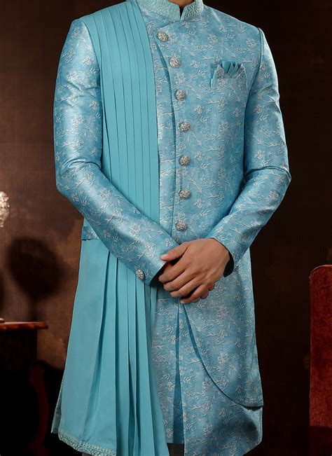 Buy Sky Blue Jacquard Silk Printed Indowestern Sherwani Online At Best