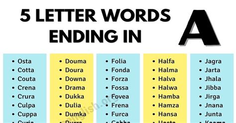 800 5 Letter Words Ending In A In English Love English