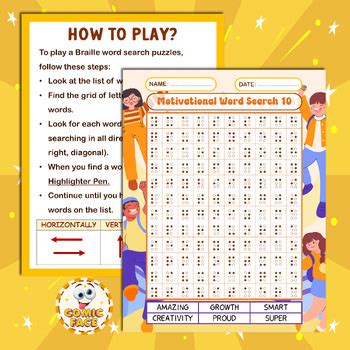 Braille Printed Not Raised Motivational Word Search Puzzles Activities