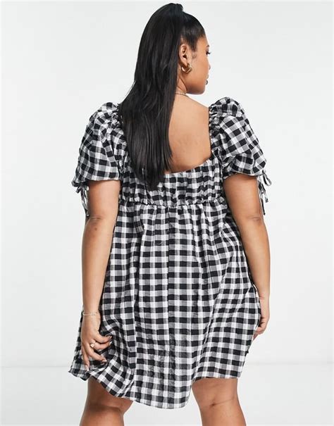 Asos Design Curve Exclusive Parachute Mini Smock Dress In Mono Check Multi