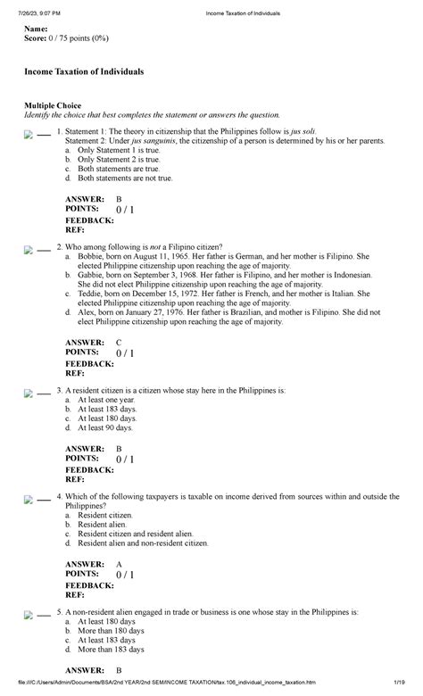 Tax Income Taxation Of Individuals Multiple Choice Identify The