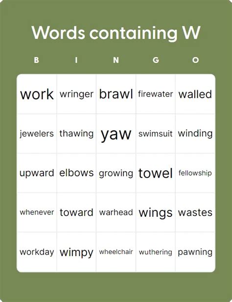 Words Containing W Bingo Card Creator