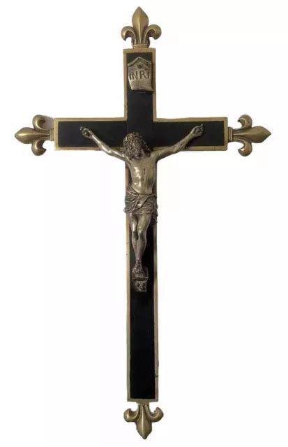 GRAND CRUCIFIX EN Bronze Et Bois Noirci Fleurs De Lys Napoleon III