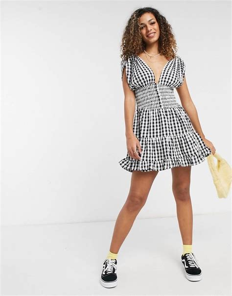 ASOS DESIGN Shirred Waist Button Front Tiered Mini Sundress In Crinkle