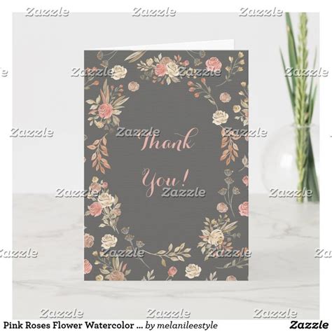 Pink Roses Flower Watercolor Thank You Card Thank You Cards Custom Holiday Card Pink Rose Flower