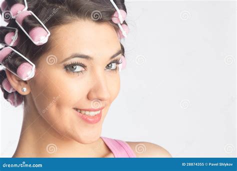 Funny Girl With Hair Curlers On Her Head Stock Image Image Of Glamour