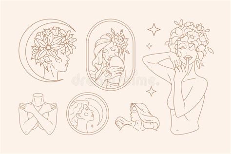 Pretty Botanical Woman Portrait Flower Blossom Head Naked Body Beauty Icon Set Vector