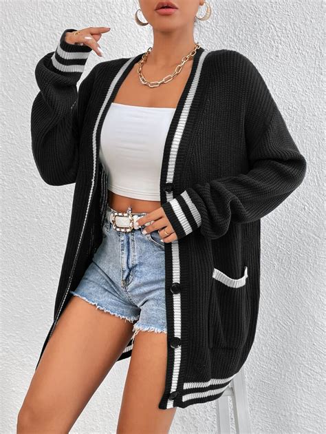 Shein Essnce Striped Pattern Double Pocket Drop Shoulder Varsity