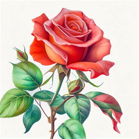 Pintura De Una Rosa Roja Con Hojas Verdes Generativa Ai Foto Premium